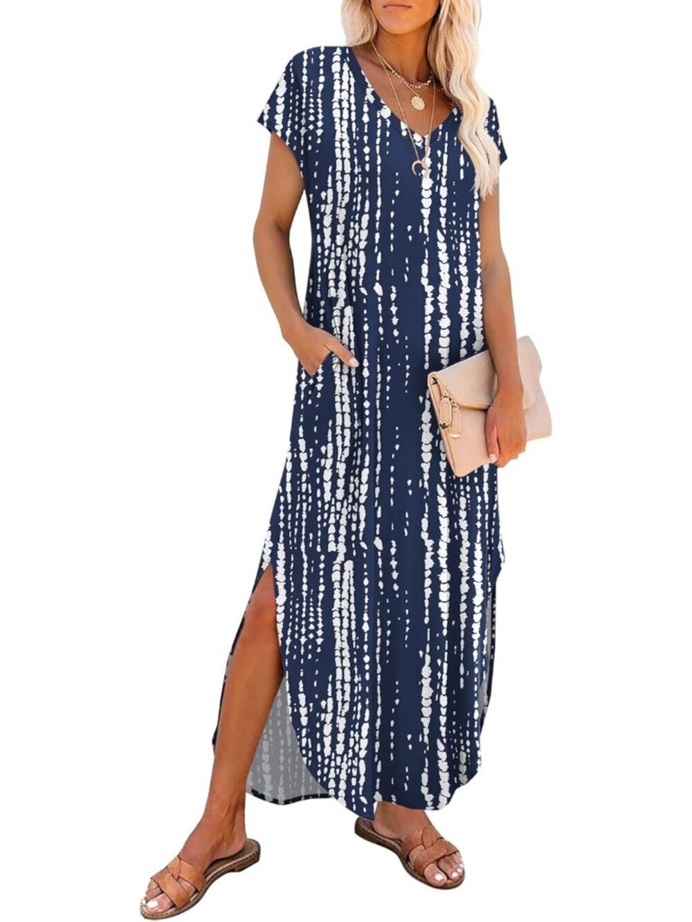 Women's Chelunyin V Neck Cap Sleeve Long With Pocket Pull On Casual Maxi Dresses